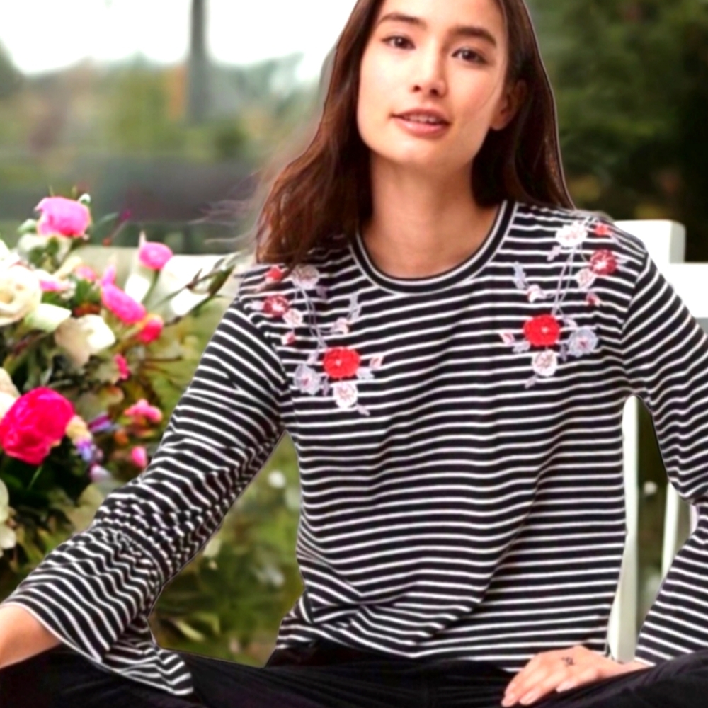 Loft Striped Floral Embroidered Top